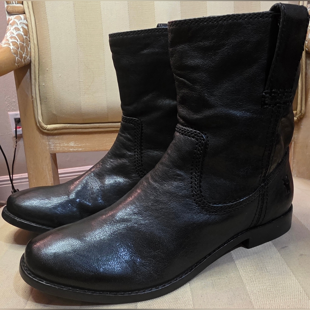 Frye Black Leather Mid-Calf Combat Boots